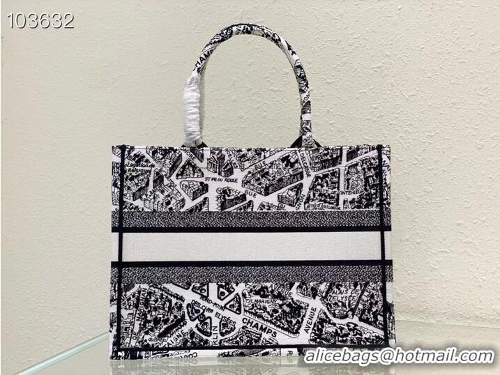 Top Quality MEDIUM DIOR BOOK TOTE White and Black Plan de Paris Embroidery M1296ZOM