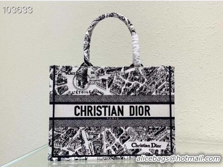 Top Quality MEDIUM DIOR BOOK TOTE White and Black Plan de Paris Embroidery M1296ZOM