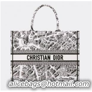 Top Quality LARGE DIOR BOOK TOTE White and Black Plan de Paris Embroidery M1286ZOM