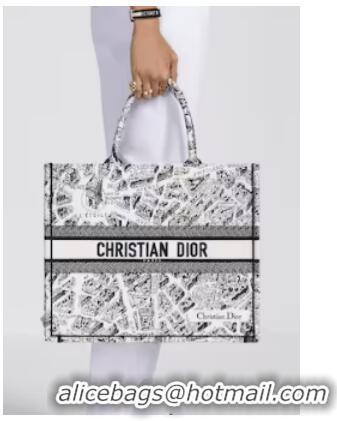 Top Quality LARGE DIOR BOOK TOTE White and Black Plan de Paris Embroidery M1286ZOM