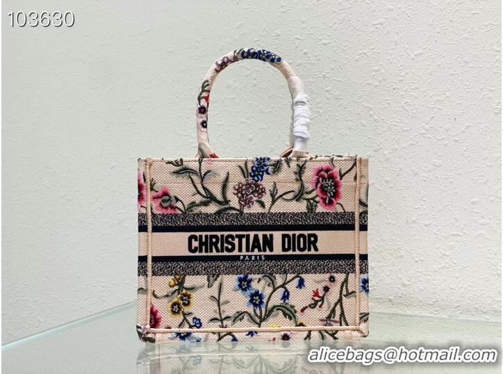 Inexpensive SMALL DIOR BOOK TOTE Natural Multicolor Raffia Embroidered with Dior Petites Fleurs M1265ZC