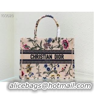 Famous Brand MEDIUM DIOR BOOK TOTE Natural Multicolor Raffia Embroidered with Dior Petites Fleurs M1296ZEB