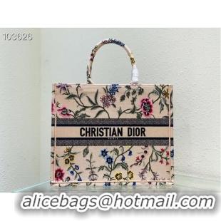 Luxury Cheap LARGE DIOR BOOK TOTE Natural Multicolor Raffia Embroidered with Dior Petites Fleurs M1286ZEA