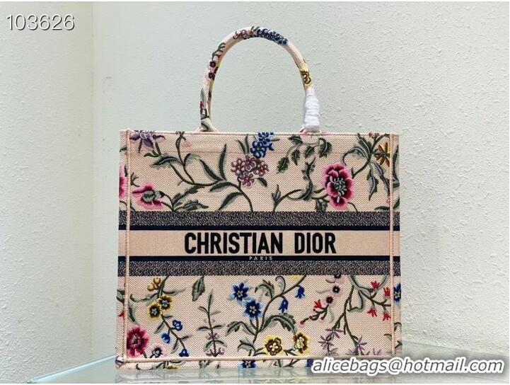 Luxury Cheap LARGE DIOR BOOK TOTE Natural Multicolor Raffia Embroidered with Dior Petites Fleurs M1286ZEA