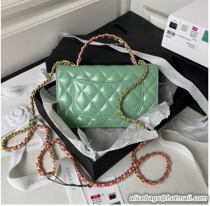 Good Product Chanel MINI FLAP BAG CLUTCH WITH CHAIN Gold-Tone Metal AP3240 GREEN