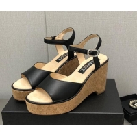 Sumptuous Chanel Calfskin Wedge Platform Sandals 8cm Black 020738