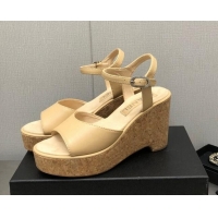 Sophisticated Chanel Calfskin Wedge Platform Sandals 8cm Beige 020739