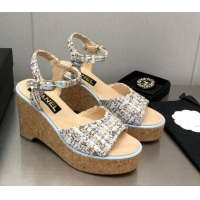 Grade Quality Chanel Tweed Wedge Platform Sandals 8cm Blue 020741