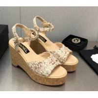 Low Cost Chanel Tweed Wedge Platform Sandals 8cm Beige 020742