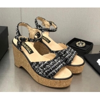 Pretty Style Chanel Tweed Wedge Platform Sandals 8cm Black 020743