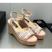 Best Grade Chanel Tweed Wedge Platform Sandals 8cm Pink 020744