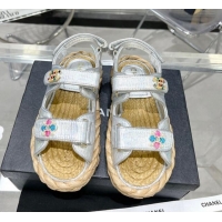 Luxury Chanel Pleated Strap Flat Sandals with Stones G35927 Silver 020748