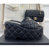 Durable Chanel Quilted Lambskin Platform Wedge Slide Sandals 7.5cm Black 020757