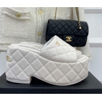 Perfect Chanel Quilted Lambskin Platform Wedge Slide Sandals 7.5cm White 020759