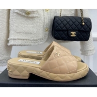 Good Looking Chanel Quilted Lambskin Slide Sandals 3cm Beige 020761