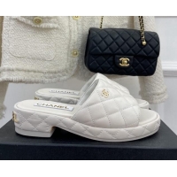 Generous Chanel Quilted Lambskin Slide Sandals 3cm White 020762