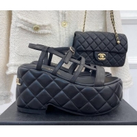 Fashion Chanel Lambskin Strap Platform Wedge Sandals 7.5cm Black 020763