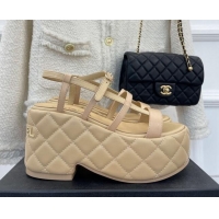 Good Quality Chanel Lambskin Strap Platform Wedge Sandals 7.5cm Beige 020764