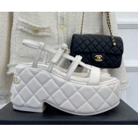 Good Product Chanel Lambskin Strap Platform Wedge Sandals 7.5cm White 020765