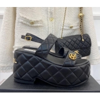 Sumptuous Chanel Quilted Lambskin Platform Wedge Sandals with CC Circle 7.5cm Black 020769