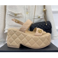 Pretty Style Chanel Quilted Lambskin Platform Wedge Sandals with CC Circle 7.5cm Beige 020770