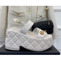 Grade Quality Chanel Quilted Lambskin Platform Wedge Sandals with CC Circle 7.5cm White 020771