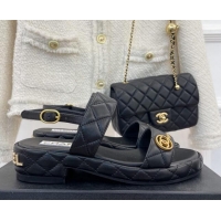 Top Grade Chanel Quilted Lambskin Sandals with CC Circle 3cm Black 020772