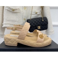 Best Grade Chanel Quilted Lambskin Sandals with CC Circle 3cm Beige 020773