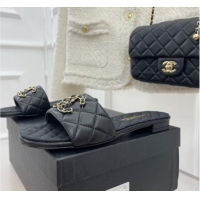 Stylish Chanel Quilted Lambskin Flat Slide Sandals with Chain CC Black 020775