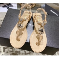 Purchase Chanel Lambskin Flat Thong Sandals with Love Charm G39674 Beige