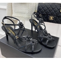 Hot Style Chanel Calfskin Heel Sandals with Camellia Bloom Black 020796