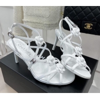 Stylish Chanel Calfskin Heel Sandals with Camellia Bloom White 020797