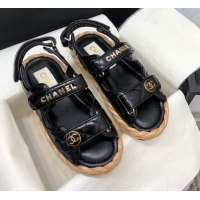 Good Looking Chanel Quilted Lambskin Strap Flat Sandals G35927 Black 207103