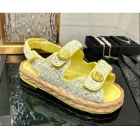 Good Quality Chanel Tweed Strap Flat Sandals G35927 Yellow 207109