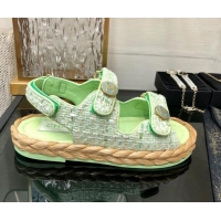 Sophisticated Chanel Tweed Strap Flat Sandals G35927 Green 0207110