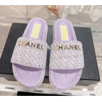 Top Grade Chanel Tweed Flat Slide Sandals Purple 207117