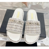 Sumptuous Chanel Tweed Flat Slide Sandals White 207112