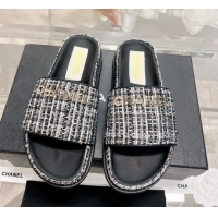 Best Product Chanel Tweed Flat Slide Sandals Black 207113