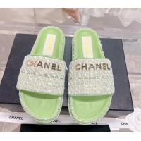 Stylish Chanel Tweed Flat Slide Sandals Green 207114