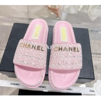 Grade Quality Chanel Tweed Flat Slide Sandals Pink 207115