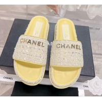 Fashion Chanel Tweed Flat Slide Sandals Yellow 0207116