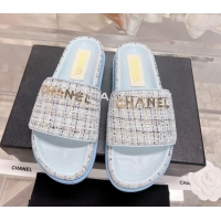 Hot Style Chanel Tweed Flat Slide Sandals Blue 0207118