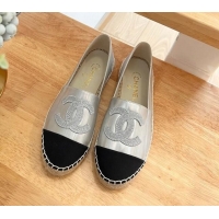 Classic Hot Chanel Iridescent Leather & Grosgrain Espadrilles Silver 022215