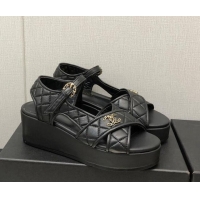 Best Grade Chanel Quilted Lambskin Wedge Platform Sandals G39918 Black