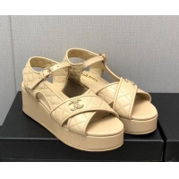 Comfortable Chanel Quilted Lambskin Wedge Platform Sandals G39918 Beige