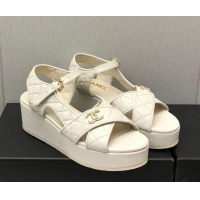 Good Looking Chanel Quilted Lambskin Wedge Platform Sandals G39918 White