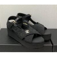 Luxury Chanel Quilted Grosgrain Wedge Platform Sandals G39918 Black