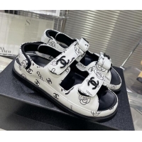 Top Grade Chanel Printed Lambskin Strap Flat Sandals G35927 White/Black 022226