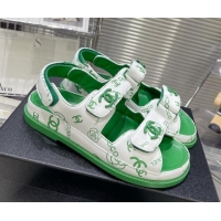 Best Product Chanel Printed Lambskin Strap Flat Sandals G35927 Green 022227