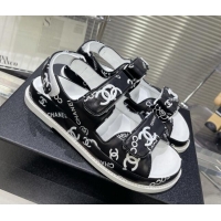 Durable Chanel Printed Lambskin Strap Flat Sandals G35927 Black/White 022230